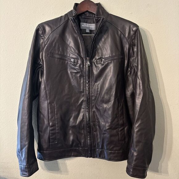 Michael Kors Men's Brown Perforated Faux‎ Leather Moto Jacket Small RN# 121545 - Picture 1 of 14